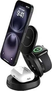 [Belkin] Portable Charger, 3-in-1 Convertible Wireless Charging Station 15W, MagSafe-Compatible Qi2 Wireless Charger for iPhone 16, Apple Watch, AirPods, Travel Charger, 36W PSU Included - Black