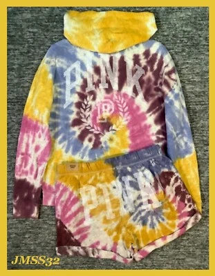 Victoria's Secret Pink Tie Dye Full Zip Hoodie + Shorts Set Heather Gray L XL