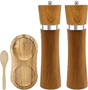 2 Pcs Salt and Pepper Grinder Set, Wood Adjustable Coarseness Salt and Pepper Shakers with Base and Spoon Refillable Kitchen Grinders for Seasonings Spices(Log Color)