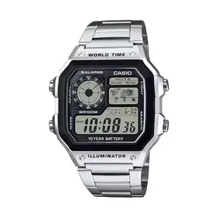 【CASIO 卡西歐】十年電力世界地圖方形經典電子腕錶-亮眼銀/AE-1200WHD-1AV