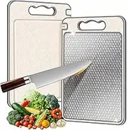 Xkimos Chopping Board with Anti-Scratch,304 Stainless Steel Chopping Board Double Sided,Food-Grade Wheat Straw Titanium Cutting Board with Juice Groove & Knife Sharpener,15”×10” Easy to Clean