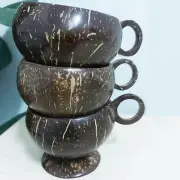 Set 3 PCS Real natural coconut shell coffee/tea cup wooden handle, handcraft