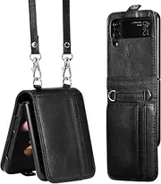 [ZCDAYE] Wallet Case for Samsung Galaxy Z Flip 4 Case,Samsung Galaxy Z Flip 4 5G Case, Samsung Z Flip 4 Leather Case with Card Holder and Long Lanyard- Black
