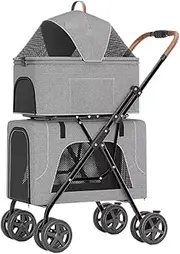 Pet Stroller Dog Stroller Cat Stroller 4 in 1 Dog Stroller Double Pet Stroller, Foldable Cat Stroller with Detachable Carrier, Storage Pocket for 2 Dogs Cats Dog Pram Dog Cat(Color:Gray)
