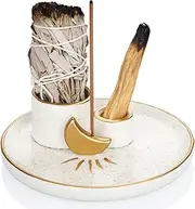 ZenBless 4 in 1 Incense Burner Holder, Palo Santo Holder, Sage Holder for Burning, Incense Holder for Sticks, Candle Holder, 5.9 inches Ceramic Ash Catcher Tray for Meditation Yoga Room(Gold)