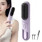 Mini Cordless 2 in 1 Hair Straightener Curler Brush Quick Heat Up-Purple