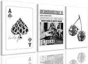 BingruiArt Trendy Black and White Wall Art Funky Bar Cart Canvas Set of 3 Fashion Posters Girly Vintage Aesthetic Print Ace Poker Card Decor Disco Ball Picture For Game Room Dorm Bar 16"x24" Framed ﻿