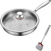 Titanium Hammered Pan Pro with Lid,Uncoated Non-Stick pan for Cooking with Spatula and lid Three-Piece Set，Delivers Even Heat Distribution Titanium Alloy Hammer Pattern Pot (11.02in)(11.81inch)