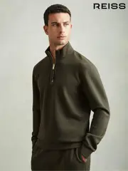 Reiss Forest Green Hale Leather-Placket Interlock-Jersey Sweatshirt (AD0117) | $240