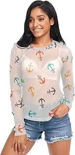 [ODAWA] Tropical Flowers Patten Long Sleeve Sheer Blouse Sheer Mesh Tee Shirts Top O Neck Clubwear for Women
