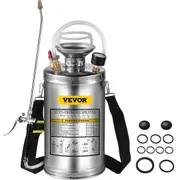 1.5Gal Stainless Steel Sprayer, Set with 16" Wand& Handle& 3.3FT Reinforced Hose, Hand Pump Sprayer with Pressure Gauge&Safety Valve, Adjustable Nozzle Suitable for Gardening&