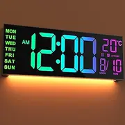 2025 New, 16 Inch Large Digital Clock with Auto DST, Dual Alarm with Big LED Screen Dispaly, 8 RGB Colors, Auto DST, Temperature for Living Room, Bedroom, Table Wall Mounted, Seniors Dementia