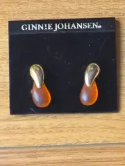 Vintage 80s Ginnie Johansen Lucite Faux Amber Gold Tone Teardrop Women's Clip On