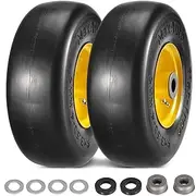 MaxAuto 9x3.50-4 Flat Free Lawn Mower Tires, 9x3 50 4 Lawnmower Wheel Assemblies, Smooth Tread Zero Turn Tire for King Kutter/Scag/Kubota Riding Mowers, 3.5" Centered Hub, 3/4" Bushings, 2 Pack