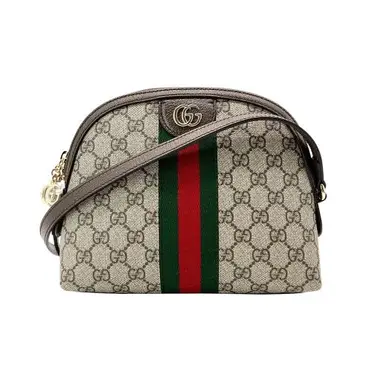 【GUCCI】經典Ophidia系列 綠紅綠織帶斜背貝殼包(499621-棕)