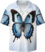 [HJLUUFT] Blue Butterfly Men's Shirts,Classic Hawaiian, Cuban Styles,Vacation Wear - Breathable Button Down Shirts for Men