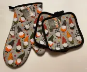 Fall Harvest Gnome Oven Mitt & Potholders Set NEW 3 Pieces Autumn Thanksgiving