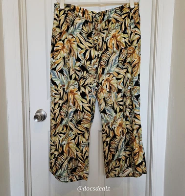 Panama Jack Flowy Linen Wide Leg Pants Jungle Theme Black Brown Women's 2X