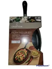 Crofton Cast Iron Fajita Sizzler Skillet Set w/ Wood Trivet & Hot Pad