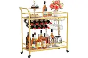 2 Tier Bar Cart with Wine Bottle Racks - Gold, 80x33.2x87.8cm - Kitchen, Dining, Living Room, Outdoor