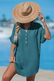 Cupshe Blue Short Sleeve Cover-Up Mini Dress - Sapphire,XL