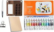 Pocket Artist Watercolor Travel Set, Portable Palette with Sketch Book, 5.71x4.13 Inches Watercolor Paints, Pens, Binder Clips for Painters and Artists