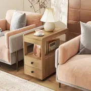 CostwayNarrow End Table Modern 2-Drawer Sofa Side Table with Open Shelves-Natural