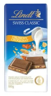 Lindt SWISS CLASSIC Crunchy Milk Chocolate Bar, 100 g