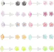 [AGNURCADE] 10 Pairs 8 mm 3D Plastic Resin Rose Stud Earrings Transparent Illusion Colored Earring Posts with Clear Earring Backs for Women Teens Sensitive Ears Sports Party Replacement, Plastic, no
