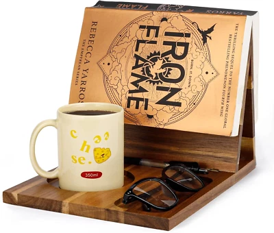 Wooden Book Stand for Reading Rest, Acacia Triangle Book Holder with Cup, Glasse