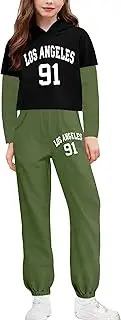 [WIQI] Girls 2 Piece Outfits Patchwork Letter Print Sweatshirt and Pants Fall Winter Cute Hoodie Clothing Sets