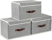 [TOJUNE] 3 Pack Foldable Storage Box with Lids and Handles, L38 x W25 x H25 cm, Linen Organizers, Clothes Organizers Basket, Capacity 24 L (Gray)