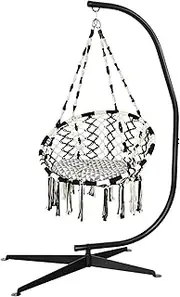Costway Hammock Chair with C-Shaped Chair Stand, Macrame Hammock Swing with Cushion, Hanging Cotton Ropes, Steel Frame, Bohemian Hanging Chair with 150 kg Capacity for Indoor and Outdoor Use
