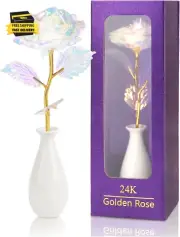 Rainbow Artificial Rose Flower Valentines Day Gifts for Mom with Gold Foil Stem&