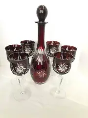 BOHEMIAN 6 Crystal RUBY RED WINE GLASS & DECANTER SET, Hand Cut 7 PIECES