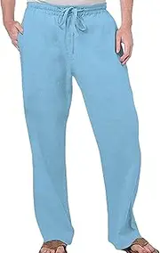 [Aosufei] Men's Elatic Waist Baggy Summer Pants Solid Casual Linen Beach Trouser Drawstring Straight Leg Pants