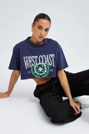 Blue Print Graphic Tee Crop Relaxed Varsity Slogan T-shirt - Size S, Women's Graphic Tee