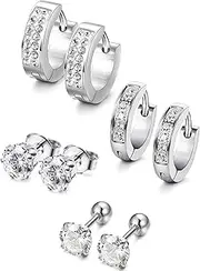 [Sanfenly] Sailimue 4 Pairs Stainless Steel Men Earrings for Women Stud Earrings Hoop Huggie Piercing 18G