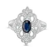 Oval Blue Sapphire and 0.10 CT. T.W. Natural Diamond Antique Vintage-Style Split Shank Ring in Sterling Silver