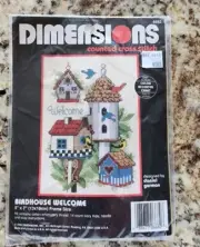 Dimensions counted cross stitch "Birdhouse Welcome". 5x7. 14 count ivory Aida