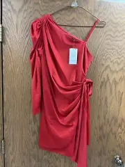 NWT Aidan Mattox Red Long Cocktail Dress One Shoulder Long Sleeved