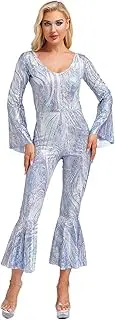 [Yeahdor] Womens Sparkly Sequins Disco Hippie Costume Flared Long Sleeve Tie-dye Style Dance Jumpsuit