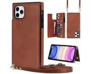 For iPhone 11 Pro Max Wallet Case with Strap - Brown