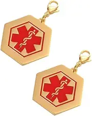 [Mengyatege] 2 Pcs Gold Plated Stainless Steel Hexagonal Medical Alert ID Symbol Pendants Charms for Men Women