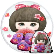 Cute Japanese Girl Wearing Kimono and Folding Fan Round Beach Towel