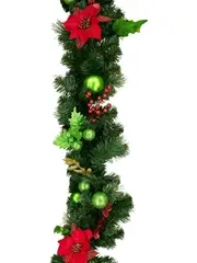 Decorated With Red Poinsettia, Mistletoe, Foliage & Baubles Pine Garland - 2.3m