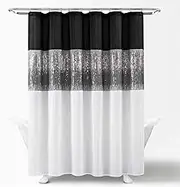 Lush Decor Night Sky Shower Curtain Sequin Fabric Shimmery Color Block Design for Bathroom, 72" x 72", Black & White