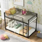 Metal Twin Over Twin Low Bunk Bed Frame With Ladder& Full-Length Guard Black US