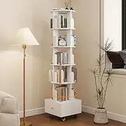 Rotating Bookshelf, 360° Rotating 5 Tier Floor Standing Bookcase Storage Rack with Drawer and Brake Wheels, Wood Narrow Book Shelf Organizer for Living Room, Study Room