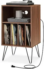 Giantex Record Player Stand w/ Charging Station, Turntable Nightstand w/ Vinyl Record Storage Cabinet, Side Table w/ Display Shelf, Record Player Holder for Bedroom Living Room Office (Walnut)
